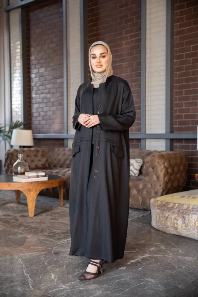 عباية مع طقم داخلي بخام لينن الطبيعي باللون الاسود C:J1021 Black set