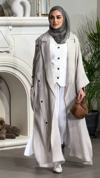 عباية لينن مع طقم داخلي ، باللون البيج C:6499 Beige Set