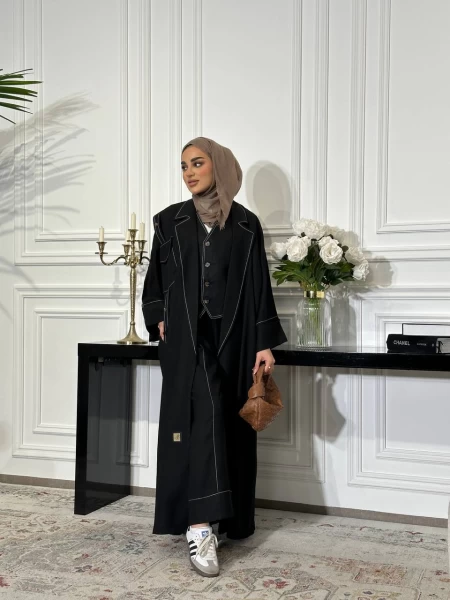 عباية لينن مع طقم داخلي ، باللون الاسود C:J6499 Black set