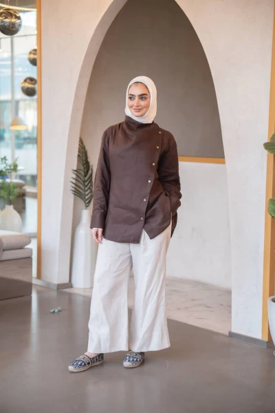 طقم قميص باللون البني مع بنطلون ، بخام لينن C:J1036 Brown