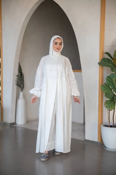 عباية بخام لينن باللون الابيض الأنيق C:J1033 White