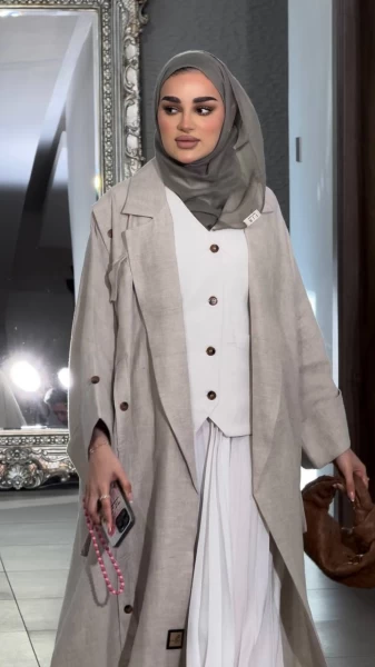 عباية لينن مع طقم داخلي ، باللون البيج C:6499 Beige Set