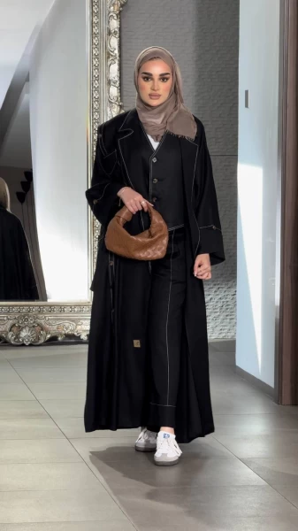 عباية لينن مع طقم داخلي ، باللون الاسود C:J6499 Black set