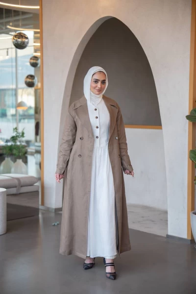 طقم بخام لينن مكون من ترنش كوت باللون البني مع فستان C:J1035 Beige set